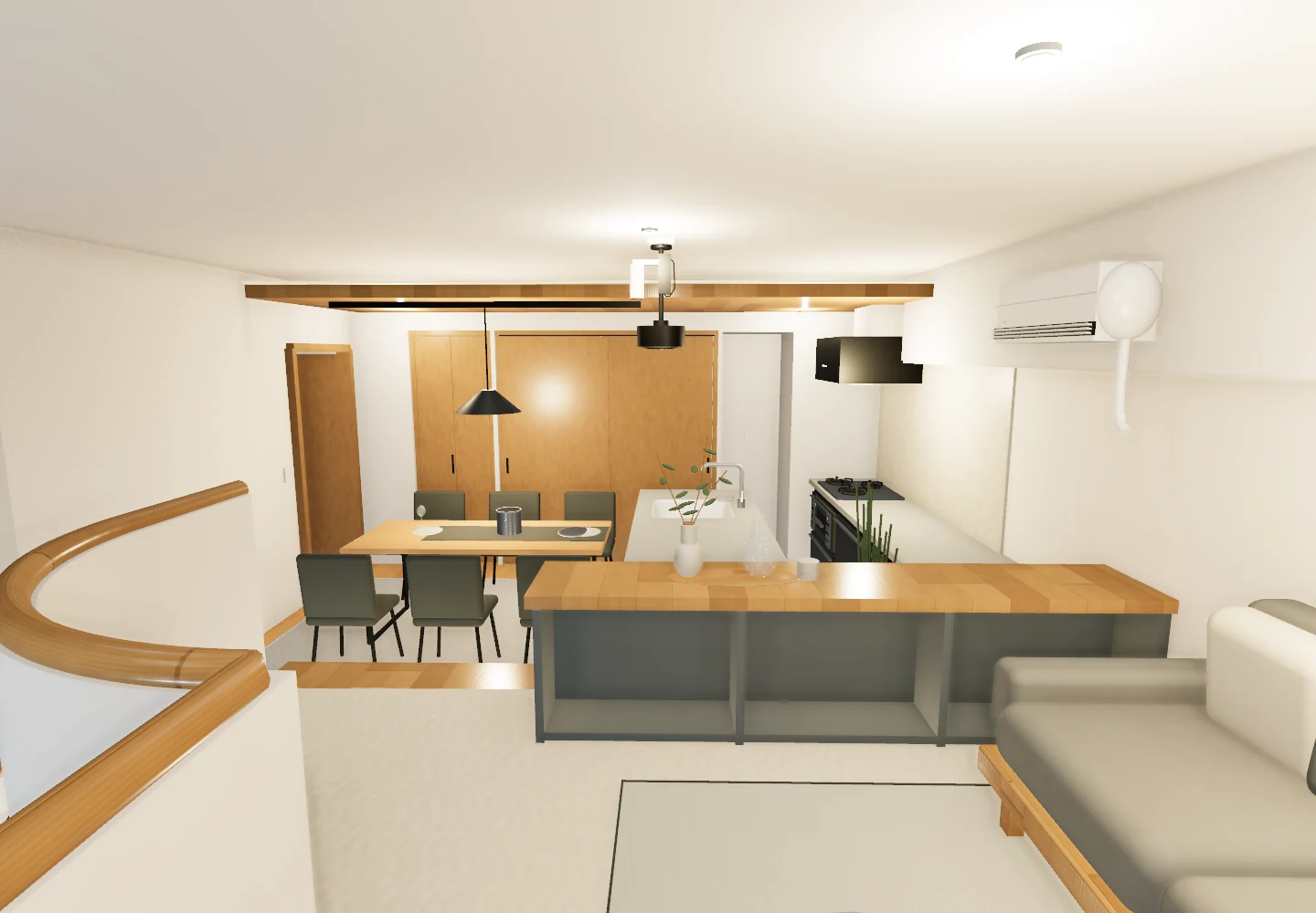 Actual apartment prototype: the raised living area connects to the kitchen and dining space
