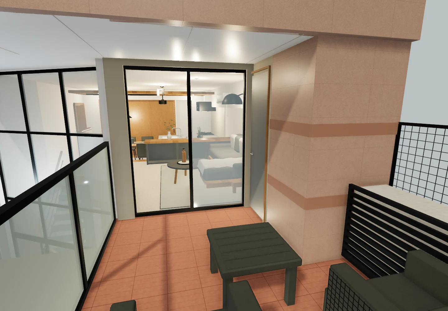 The apartment prototype terrace, looking into the living room